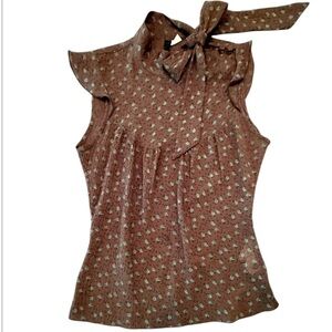 Vintage Y2K Brown/Blue Floral Sleeveless Tie Neck Ruffled Blouse Size XS/Small